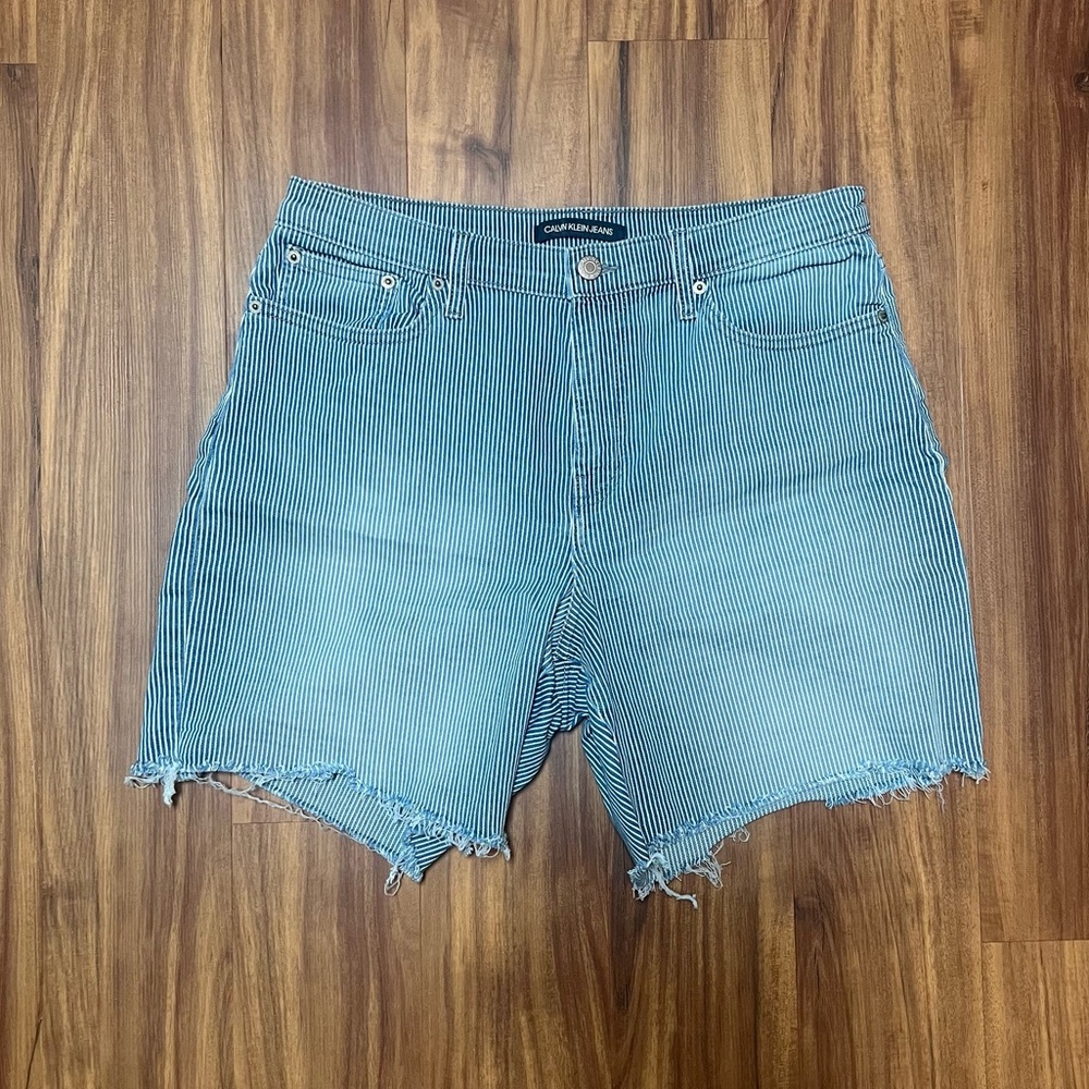 Women’s Light Blue Striped Distressed Jean Shorts